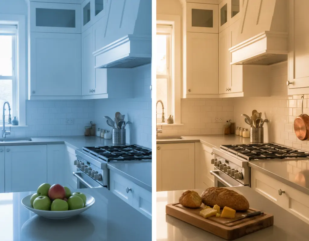 Visual comparison of a kitchen lit with cool daylight vs warm white bulbs.
