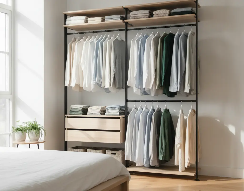 A minimalist bedroom featuring a beautifully organized open wardrobe system, showcasing a curated collection of clothes and accessories.