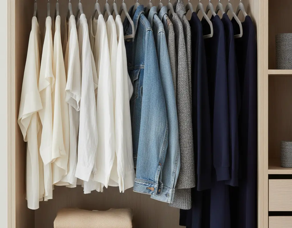 Close-up of a perfectly color-sorted clothing rack with slim velvet hangers within an open wardrobe system.