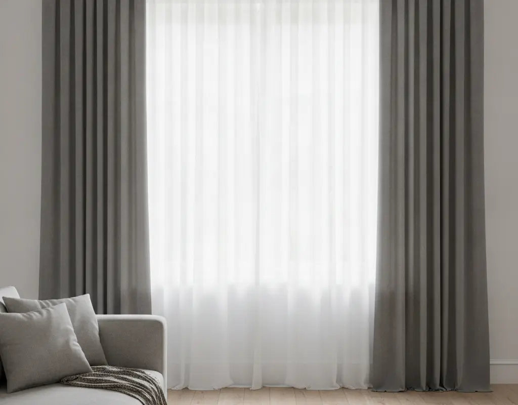 Luxurious layered curtains in a hotel suite style, featuring sheer inner drapes and heavy velvet outer panels.