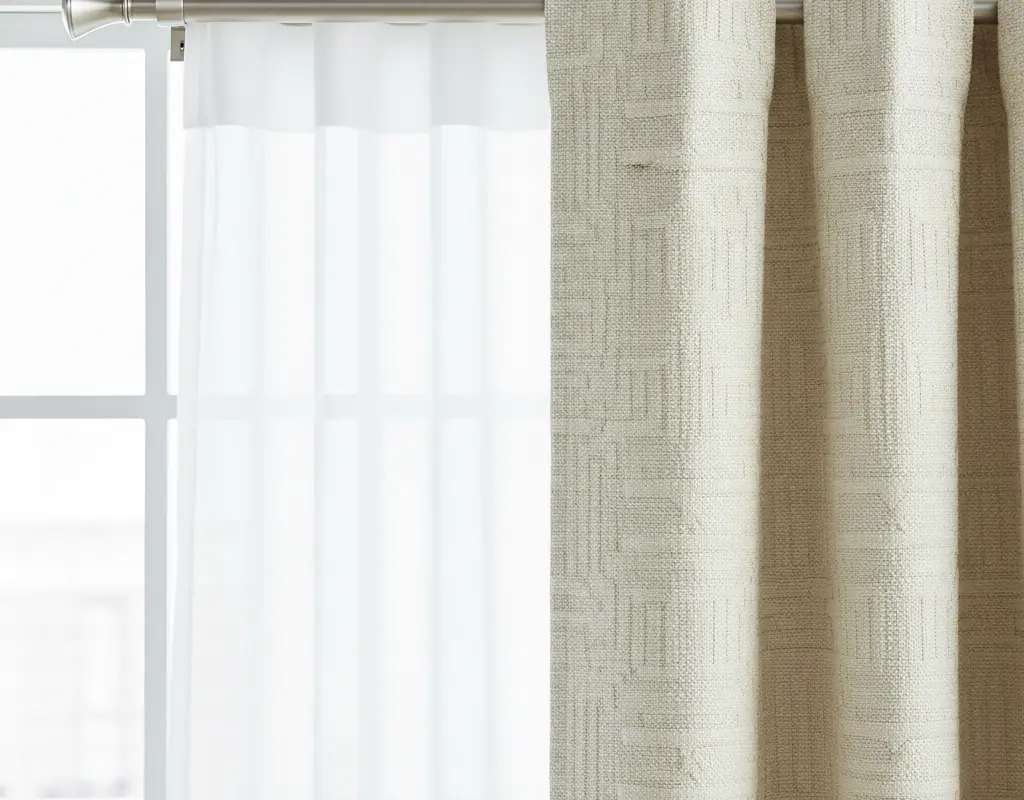Detail of double curtain rod with sheer and heavy drapes, illustrating how to layer curtains effectively.