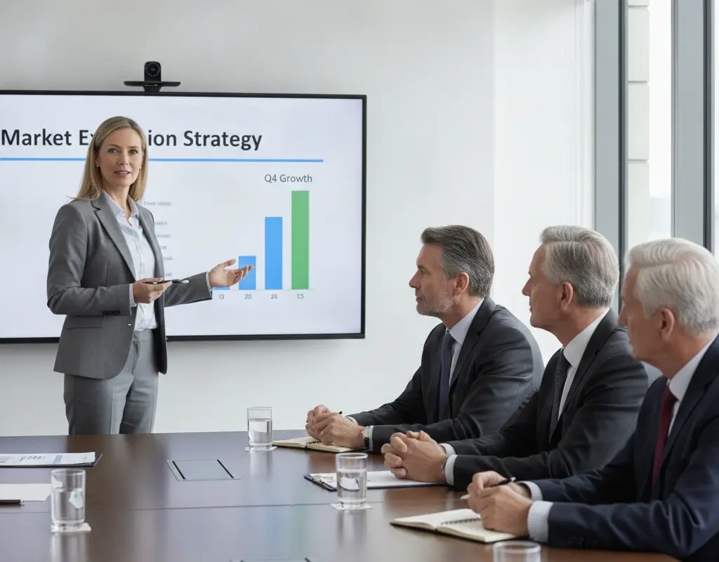 Professional delivering a structured presentation to executives