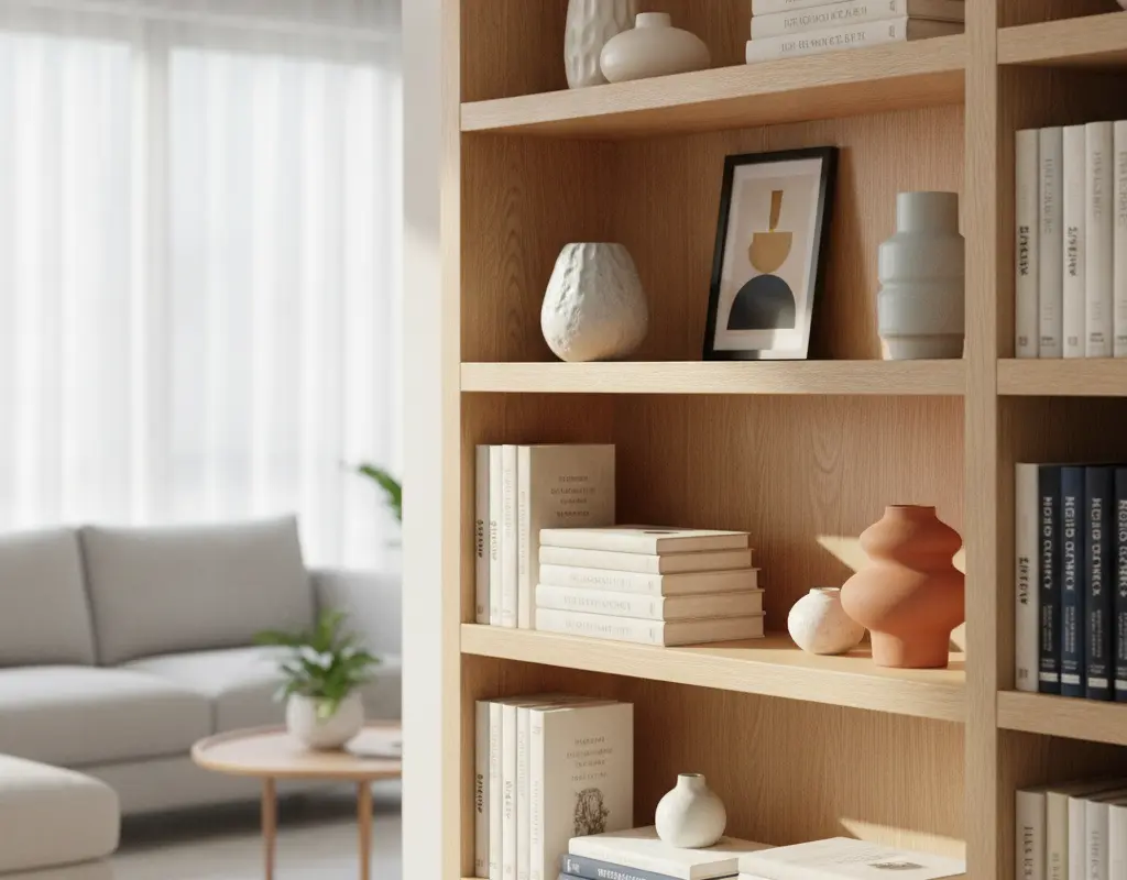 A minimalist bookshelf styled with design books, a white ceramic vase, and a small plant, showcasing negative space.