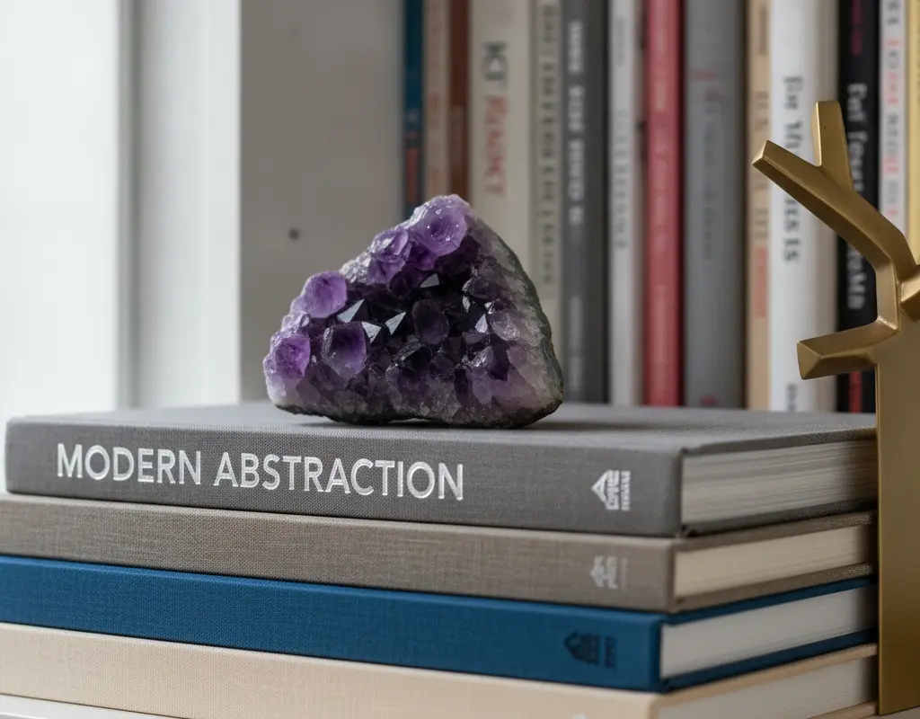 Detail of bookshelf styling showing a horizontal book stack with a decorative object and vertical books.