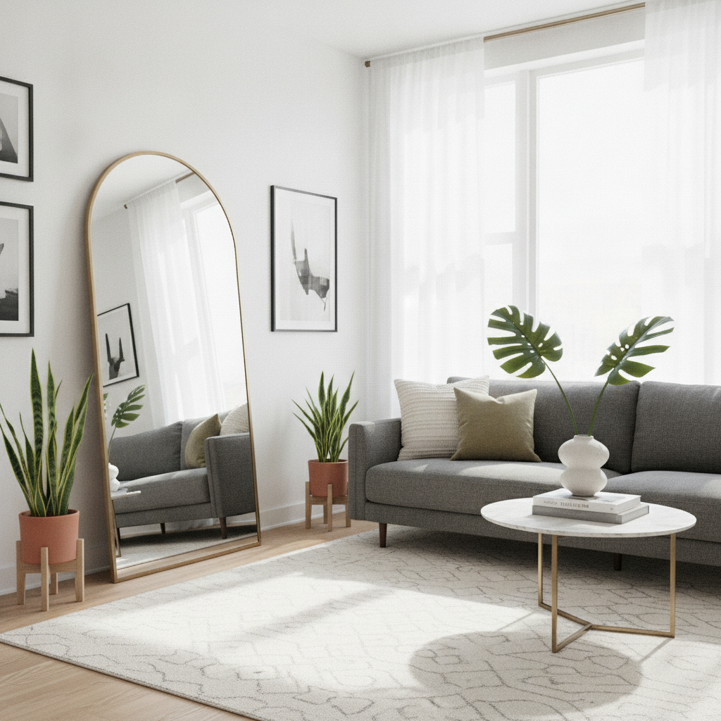 Modern apartment living room with floor length mirror styling, reflecting natural light