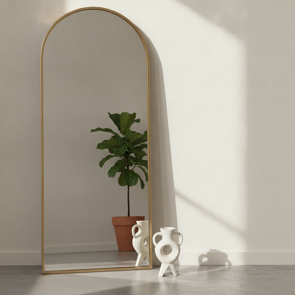 Arched floor length mirror leaning in a small apartment corner, styled with a sculptural urn