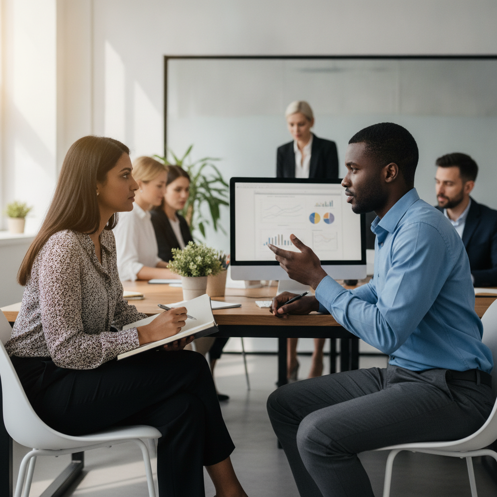 Manager and direct report having a productive one-on-one meeting in a modern office.