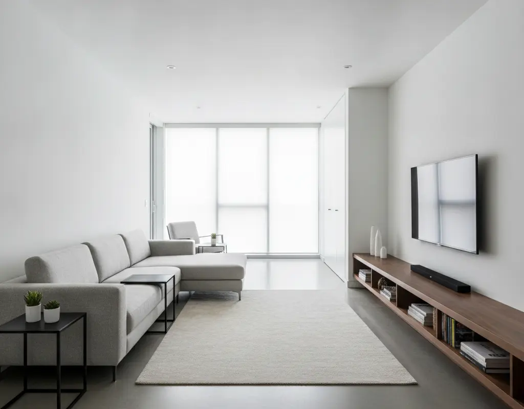 Before and after comparison of a narrow living room, showing furniture against walls versus floating furniture.