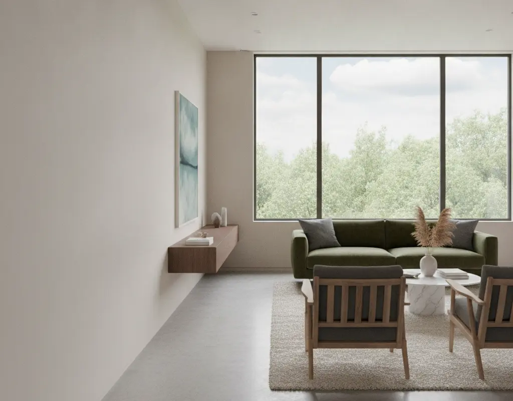 Modern long narrow living room with a clear walkway and a defined seating island on an area rug.