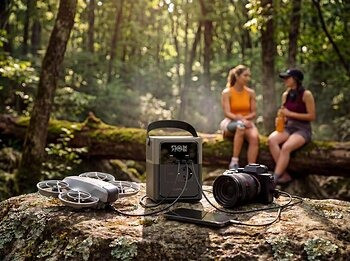 EcoFlow River Gen 4 sạc cùng lúc drone flycam, máy ảnh Sony và smartphone khi cắm trại ngoài trời