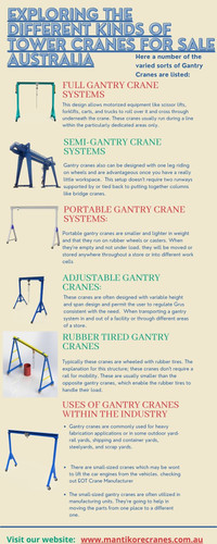 In this infographic, we discuss a number of the varied sorts of Gantry Cranes are listed. 
Mantikore Cranes is the best tower cranes for sale Australia company and providers of supplying our clients with reliable and experienced Tower crane operators, dogman and riggers. Our cranes and personnel are suitably skilled and experienced to overcome all kinds of crane challenges. Ranging from small to large projects we have a crane to meet your needs. We are committed to completing all projects safely, efficiently, on budget and on-time. We also provide buyback options once your crane has completed your project. We have more than 29 years of experience working in the crane hire industries in Australia. We assure you that you will receive the best crane hire services. Cranes available for sale or hire to the construction sector. Cranes we provide are Tower Crane, Mobile Cranes, Self-Erecting cranes, Electric Luffing cranes etc. Experienced operators and personnel are available for short- or long-term assignments. For more information visit our site today: https://mantikorecranes.com.au/