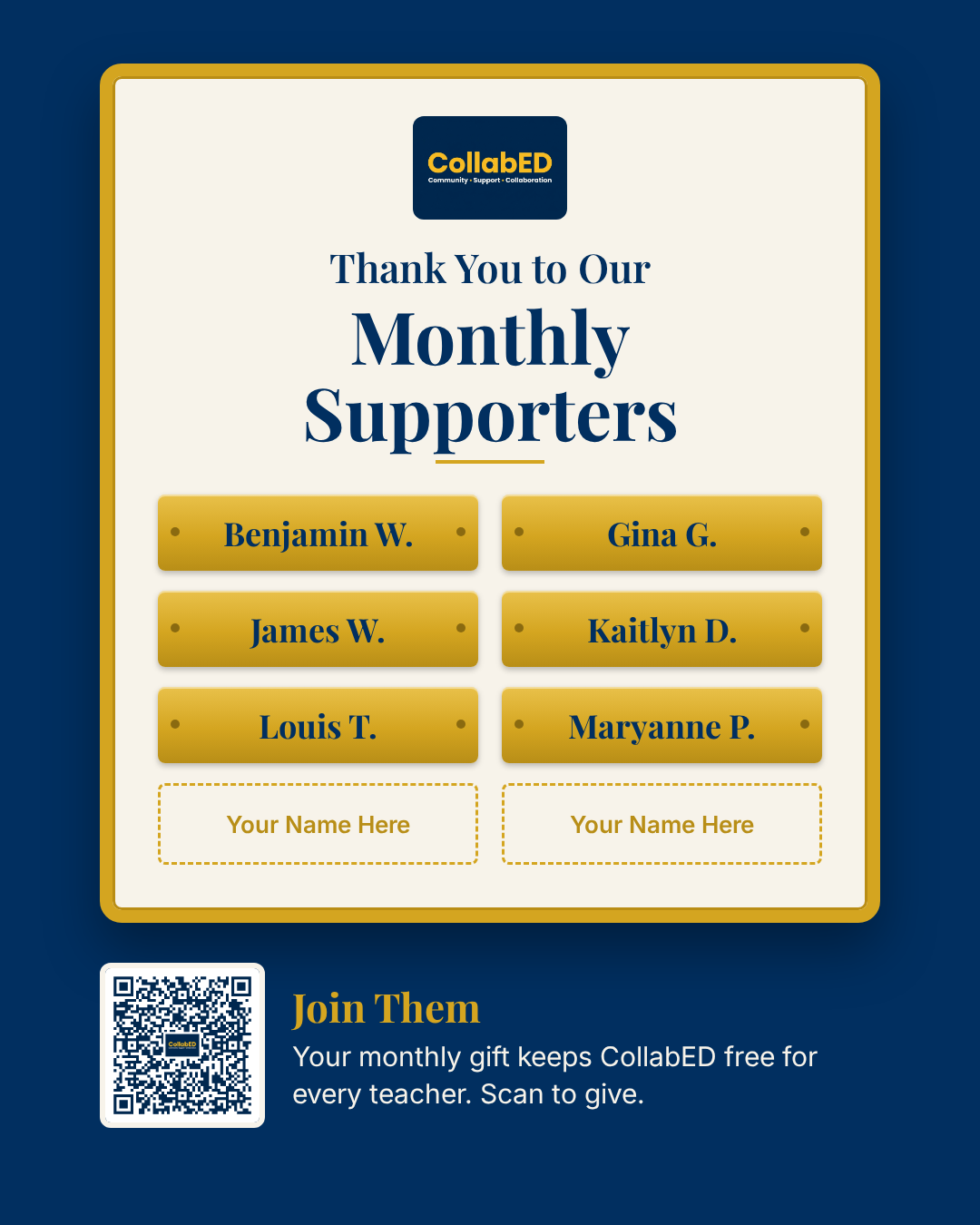 Thank you to our monthly supporters