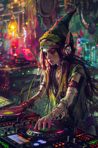 female elf playing turntable DJ, front view, minimalism, colourful, 4K, Digital painting ilustration.jpg