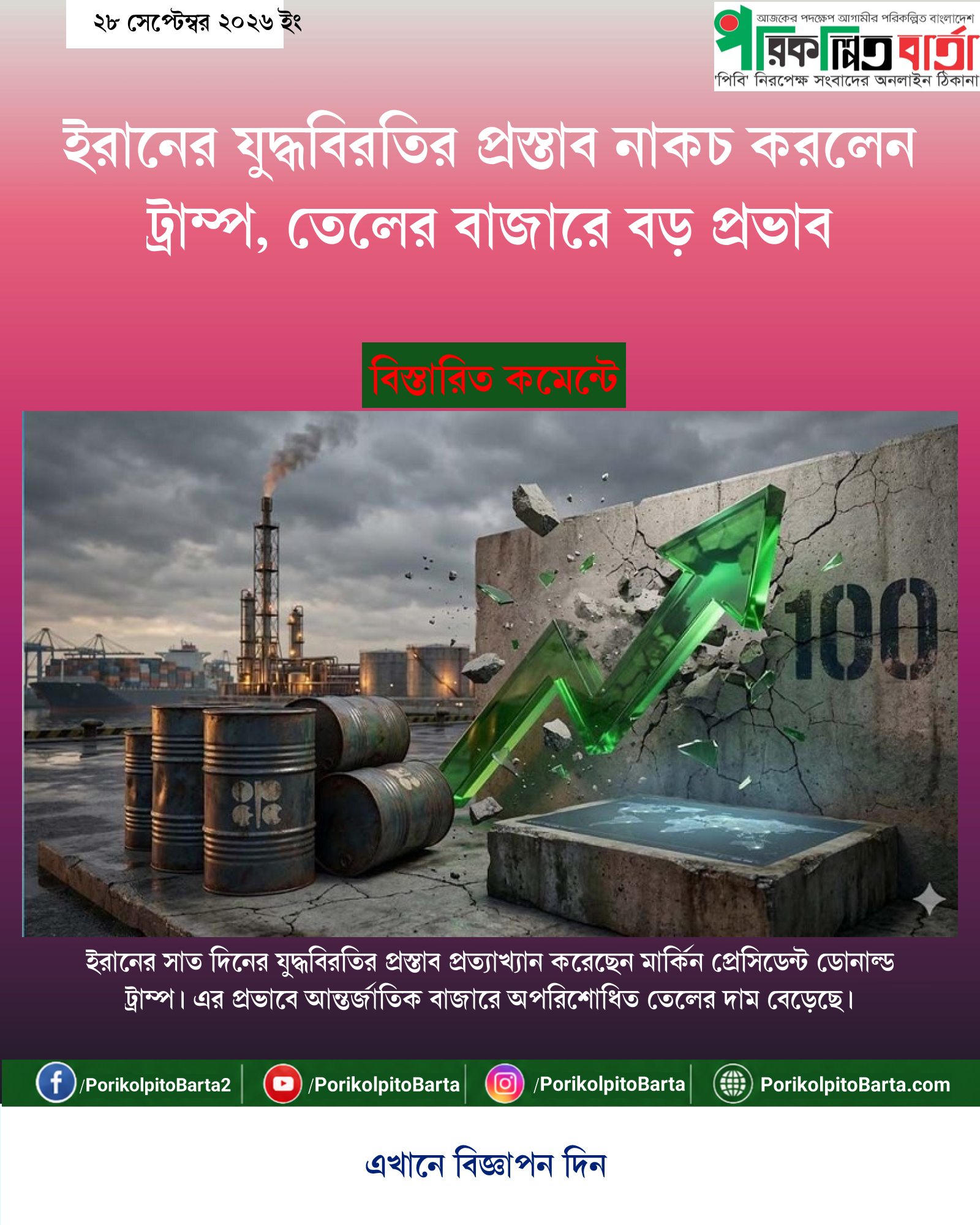 ইরানের যুদ্ধবিরতির প্রস্তাব নাকচ করলেন ট্রাম্প, তেলের বাজারে বড় প্রভাব