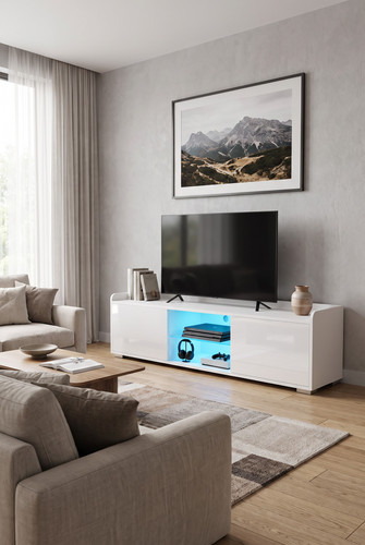 Handleless fronts on a white gloss tv unit in a bright lounge.1