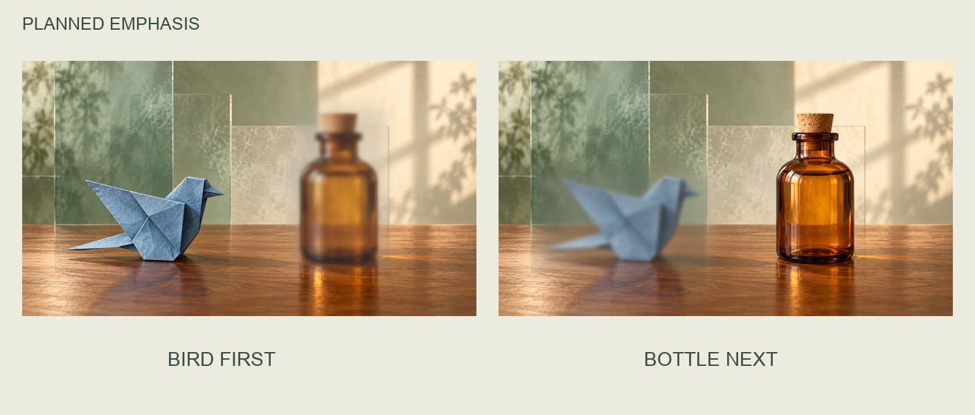 Two prepared views of the same still life keep both objects in place while local softness and contrast shift the intended emphasis from paper bird to amber bottle.