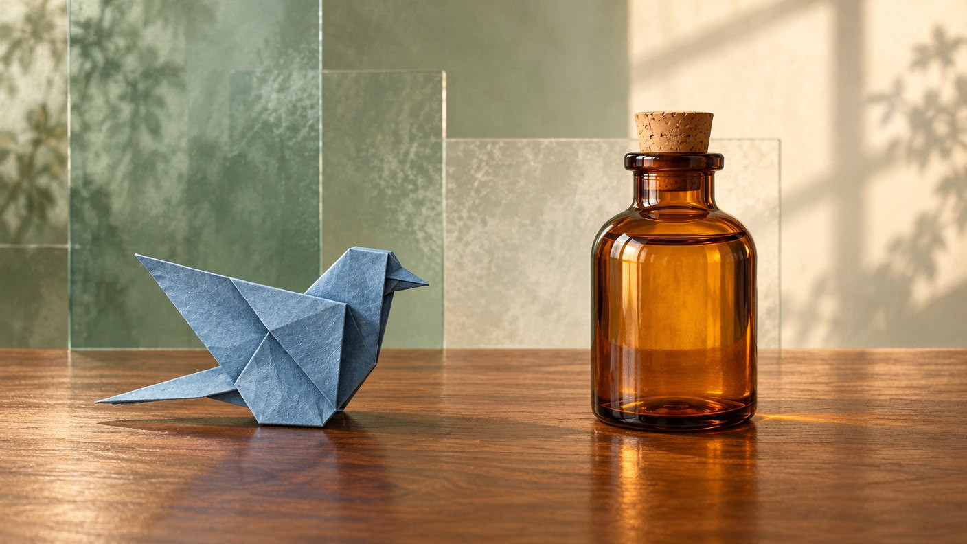 The original unsoftened illustration keeps the paper bird’s folds and the amber bottle’s outline, neck and cork visible together.
