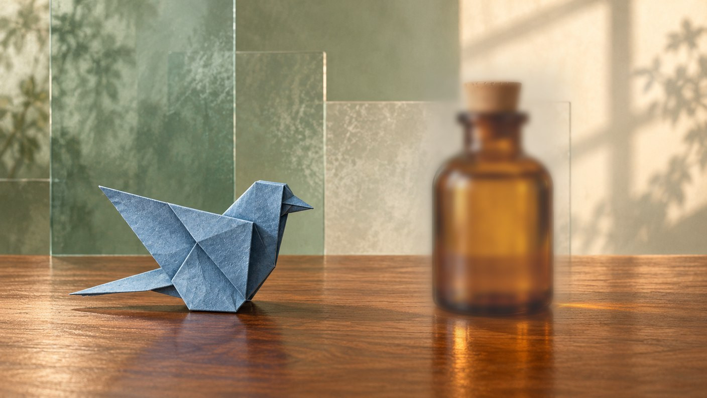 A dusty-blue folded paper bird and a sealed amber bottle share a walnut tabletop, with the bird more clearly emphasized in the prepared opening.