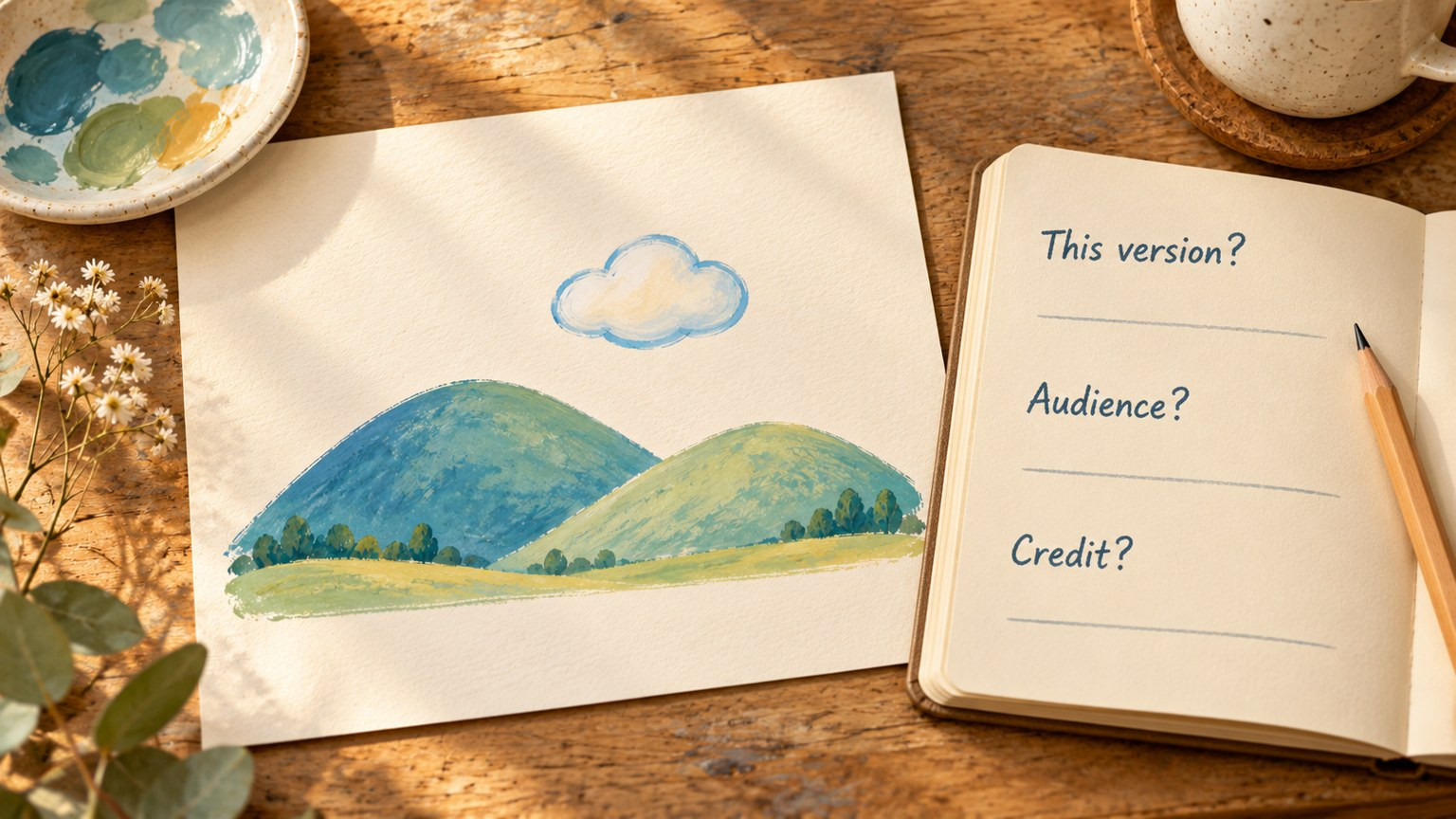 The fictional hill-and-cloud drawing lies beside unanswered notebook questions: This version, Audience and Credit.