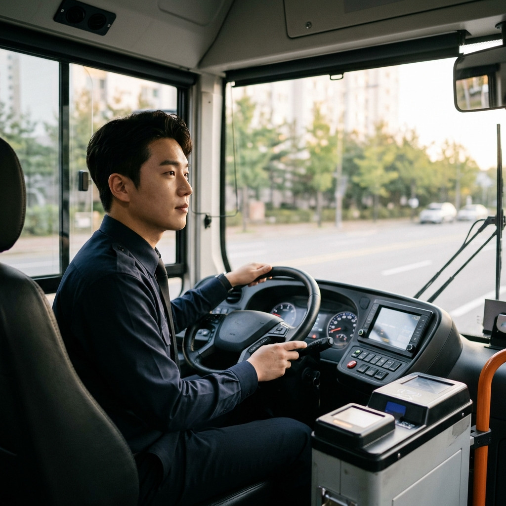 최신형 친환경 시내버스 운전석에서 운행을 준비하는 2030 청년 버스 기사
