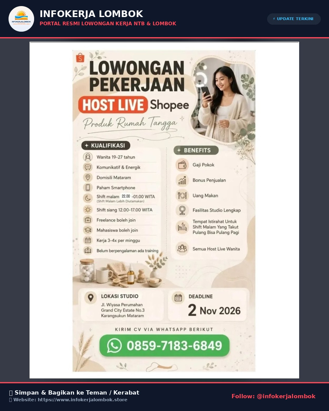 Lowongan Kerja Lowongan Kerja Shopee Live Studio (Host Live Streaming) - Mataram