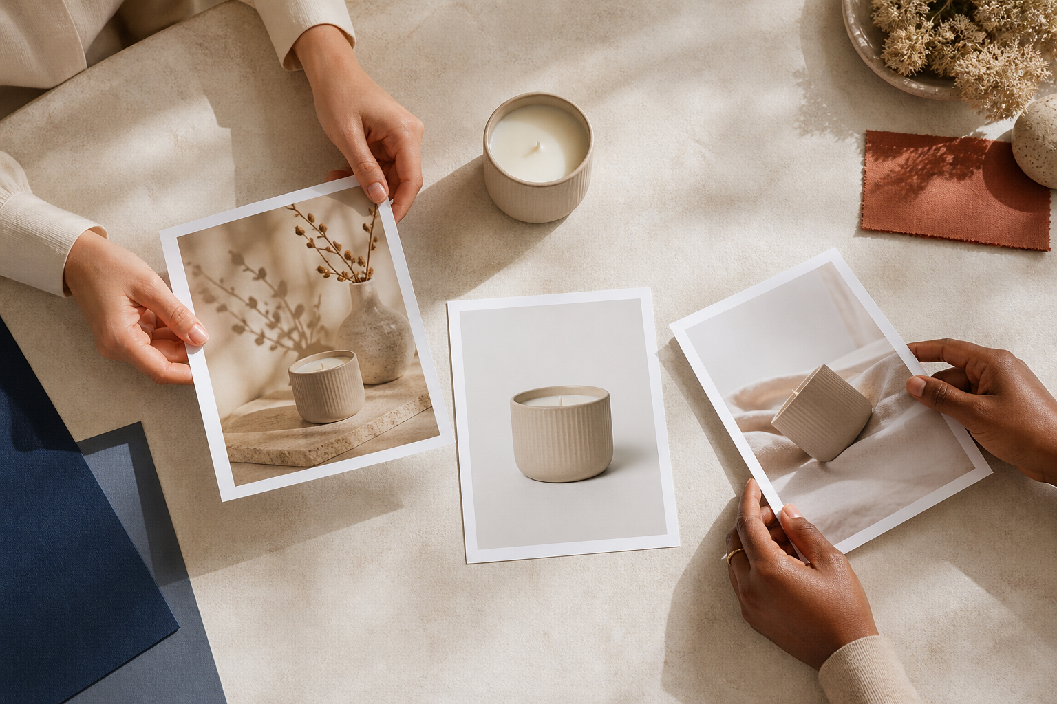Team reviewing product photo proofs before publishing