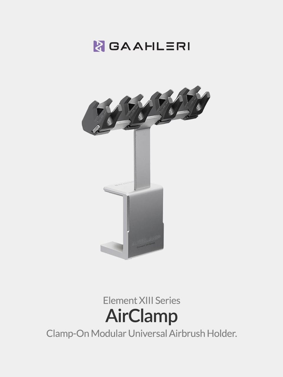 Quatre aérographes. Un seul support. Le support universel AirClamp est conçu autour d'un corps en...