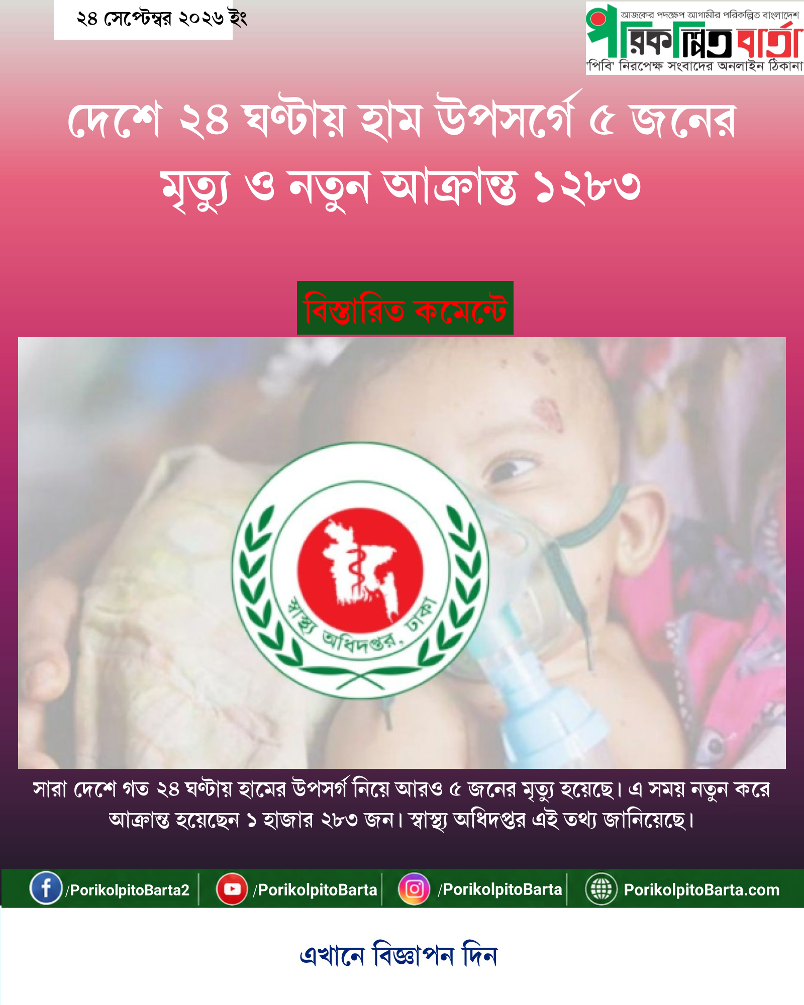 দেশে ২৪ ঘণ্টায় হাম উপসর্গে ৫ জনের মৃত্যু ও নতুন আক্রান্ত ১২৮৩