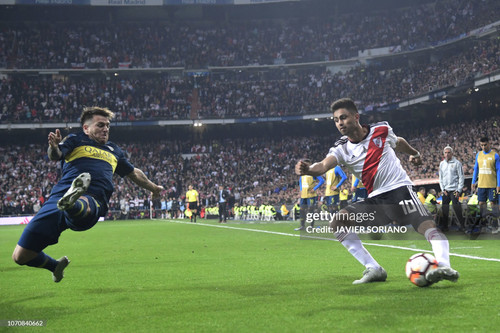 TOPSHOT - River Plate's Gonzalo Martinez is challenged by Boca Juniors' Julio Buffarini during the s.jpg