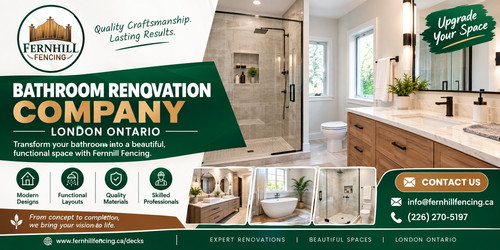 Looking For a Bathroom Renovation Company London Ontario? Fernhill Fencing creates comfortable, stylish, and functional bathrooms tailored to your needs. We handle renovation projects with careful planning, quality workmanship, and attention to detail. From modern updates to complete bathroom transformations, our team delivers practical solutions that improve your daily routine and home appeal. Refresh your bathroom with a design that suits your lifestyle and space. Contact Fernhill Fencing today to start your renovation project! https://www.fernhillfencing.ca/decks