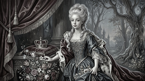 Monochromes Fantasy Porträt einer jungen Prinzessin mit Krone im verwunschenen Wald..jpg
