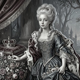 Monochromes Fantasy Porträt einer jungen Prinzessin mit Krone im verwunschenen Wald.