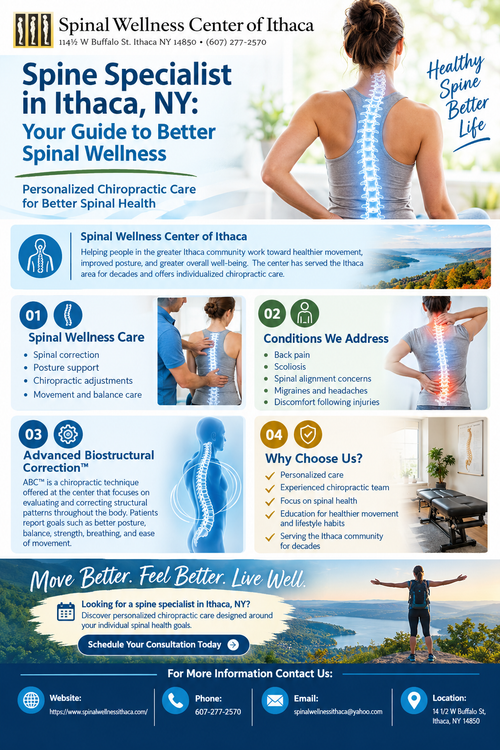 Spinal Wellness Center of Ithaca provides personalized chiropractic care focused on spinal health, posture, movement, and overall wellness. From back pain and scoliosis to alignment concerns and injury-related discomfort, our experienced team offers individualized care and Advanced Biostructural Correction™. Discover a thoughtful approach to better movement, balance, and well-being in Ithaca, NY.