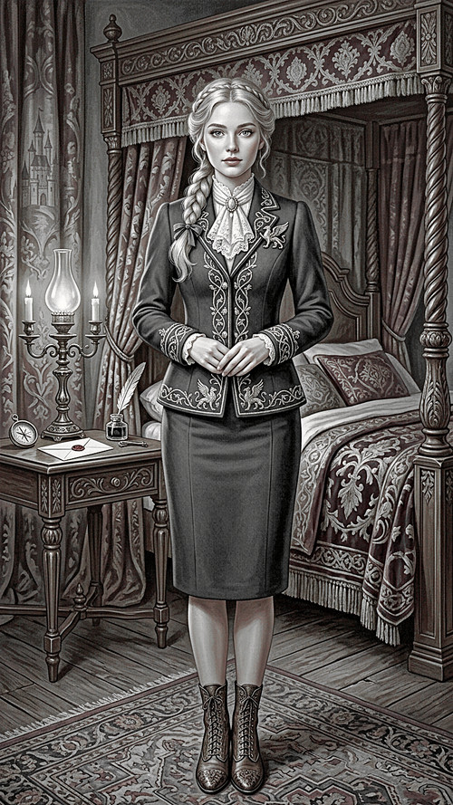 Eine Graustufen-Illustration einer blonden Frau mit langem Zopf und Spitzenkrawatte in dunklem, besticktem Jackett mit heraldischen Motiven und Bleistiftrock – vor einem geschnitzten Himmelbett mit Damastvorhängen, neben einem Schreibtisch mit Öllampe, Schreibfeder, Kompass und versiegeltem Brief.