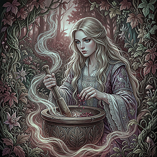 Eine detaillierte Fantasy-Illustration einer blonden Hexe mit blassblauen Augen, die mit einem Stößel einen geschnitzten Holzkessel rührt und Blütenblätter in den wirbelnden Trank streut – umgeben von rankenden Lianen, Herbstblättern, Pilzen und ätherischem Dampf, der durch den mystischen Wald aufsteigt.