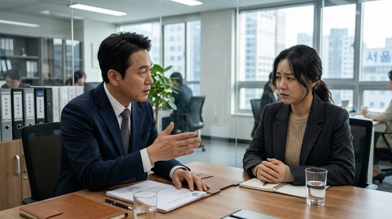 법정에서 진지하게 서류를 검토하고 있는 한국인 판사