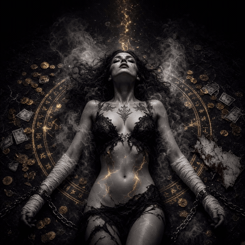 Animated occult ritual GIF of a woman lying on a dark sigil circle surrounded by gold coins, smoke and chains, golden lightning energy flowing through her body from a beam of light, representing Lilith and Mammon wealth spells, demonic pact, sacrifice and life transformation.