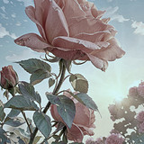 Voll erblühte Pastellrose blüht himmelwärts in nostalgischer Retro Gartenaufnahme.