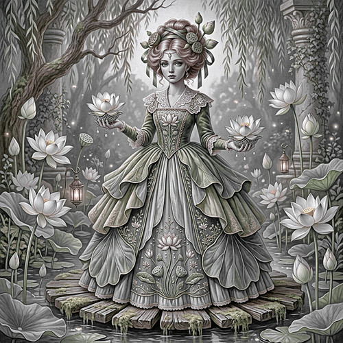 Eine fein detaillierte Graustufen-Illustration einer jungen Frau mit Lotusfruchtständen in kunstvoller Hochsteckfrisur, in einem bestickten Kleid mit Spitzenkragen und Lotus-Motiven – auf beiden Händen balanciert sie blühende Lotosblumen auf silbernen Gefäßen, während sie auf moosigen Bohlen mitten in einem leuchtenden Lotus-Teich steht, umrahmt von Weidenzweigen und glühenden Glühwürmchen.