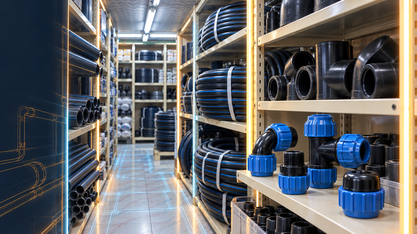 HDPE Pipes, Coils & Blue PN16 Compression Fittings