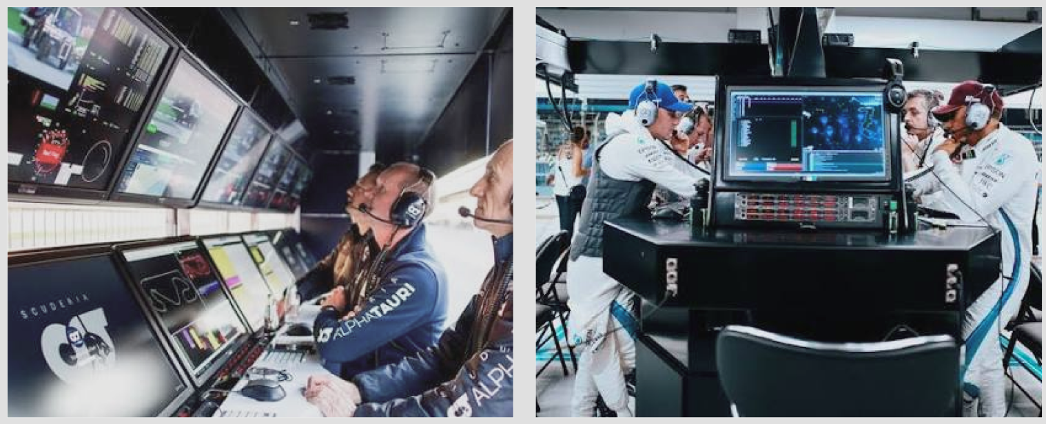 F1 strategy engineers at AlphaTauri race operations and a Mercedes pit wall, monitoring telemetry and track maps through headsets