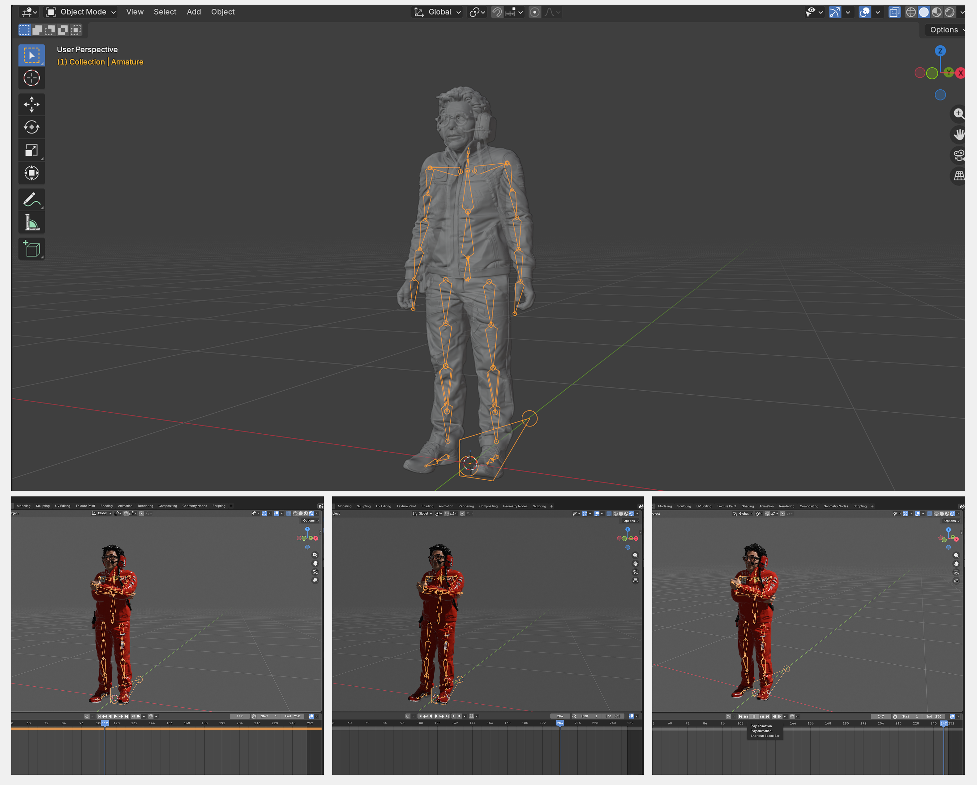 Blender character rigging: armature on a clay model, and three views of the race-suit character posing
