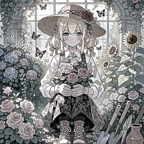 Eine feine Strichzeichnung in gedämpften Tönen mit Selektivfarben: Ein blondes Mädchen mit breitkrempigem Strohhut und gestreiftem Latzkleid hält einen Rosenstrauß, umgeben von Hortensien, Sonnenblumen und flatternden Schmetterlingen unter dem sonnenbeschienenen Gewächshausfenster.