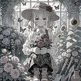Anime-Mädchen mit Strohhut und Rosenstrauß im Schmetterling-gewirrten Gewächshaus.