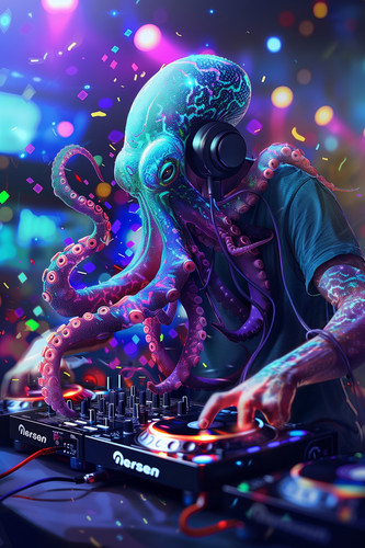 male alien playing turntable DJ, squid tentacle hair, front view, colourful, 4K, Digital painting il.jpg