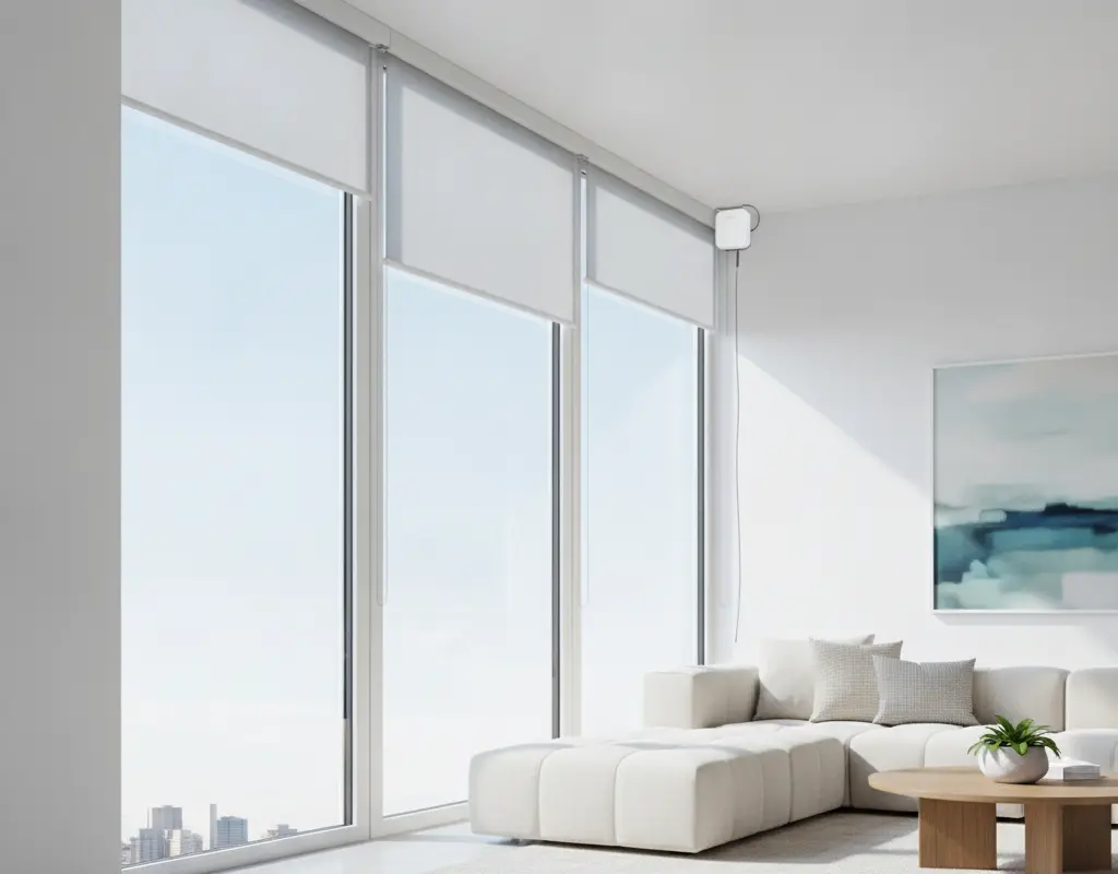 Modern living room with automated smart blinds for renters partially open, showing a discreet motor.