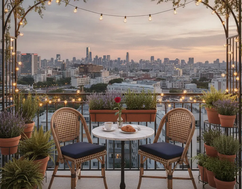 Chic small balcony with bistro furniture and plants