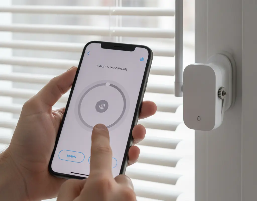 Hand using a smartphone app to control a clip-on smart blind motor on a window blind.