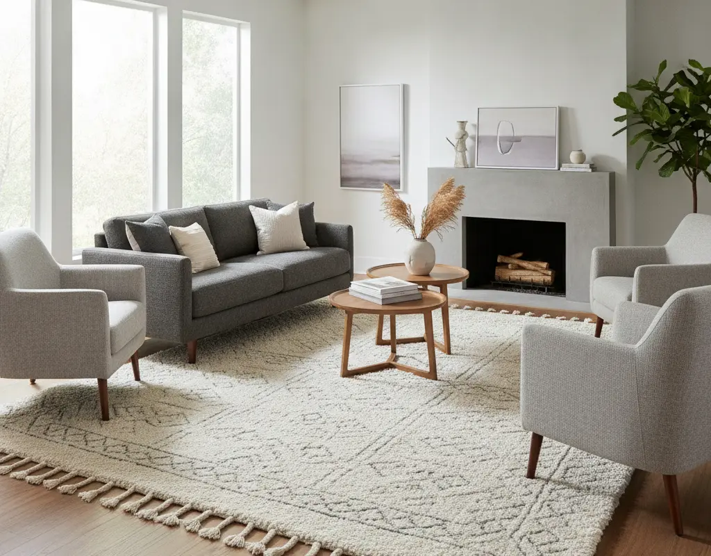 A perfectly sized large area rug anchoring living room furniture, avoiding the 