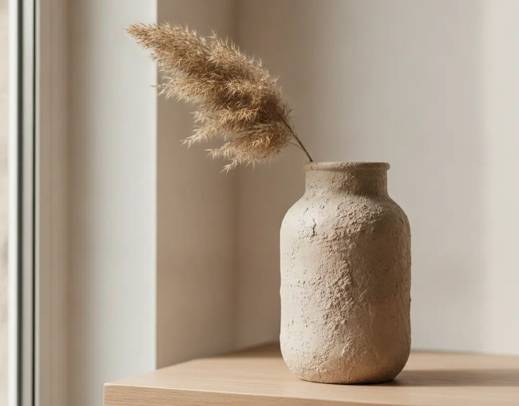 Finished DIY textured vase made from a recycled glass jar, showcasing a high-end organic stone look.
